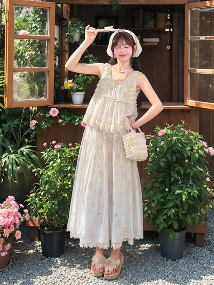 Beige Elastic Waist Cute Cartoon Print Skirt with Mesh Overlay