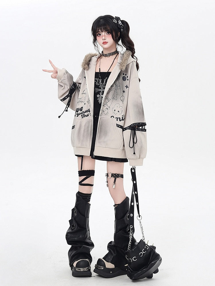 Khaki/Black Faux Fur Collar Loose Punk Coat with Lace-Up Detail