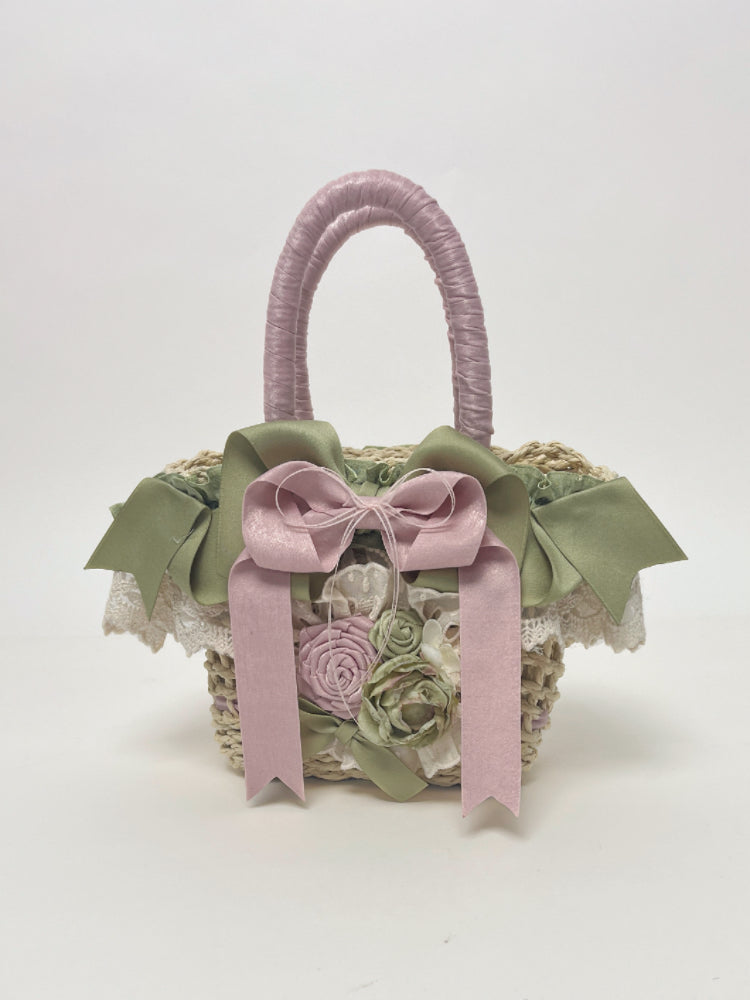 Pink and Green Floral Design Straw Woven Tote Bag