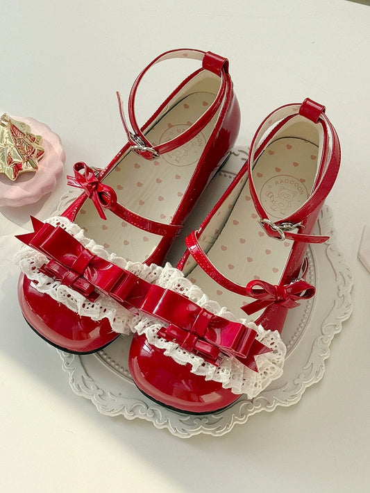 Sweet Red Lolita Low Heels - PU Leather with Delicate Ruffled Lace & Heart Fastener