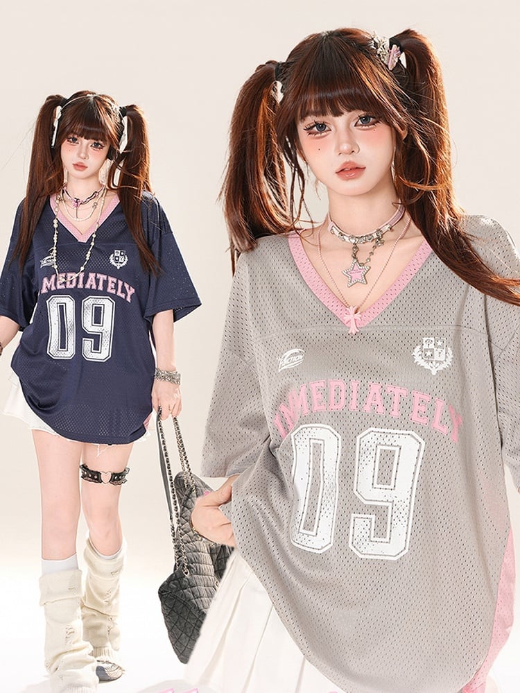 Gray/Dark Blue Number Print Hollow-out T-shirt V-neck Loose Top