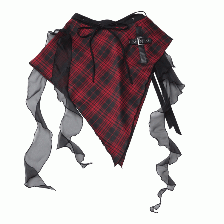 Handkerchief Hem Cascading Ruffles Black and Red Plaid Waist Accessory