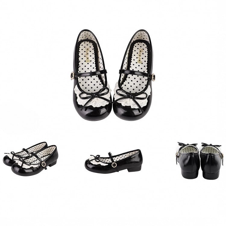 Black Knotted Bow Accent Lace Trim 2.2CM/4.3CM Heels Round Toe Mary Janes