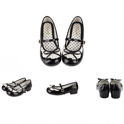 Black Knotted Bow Accent Lace Trim 2.2CM/4.3CM Heels Round Toe Mary Janes