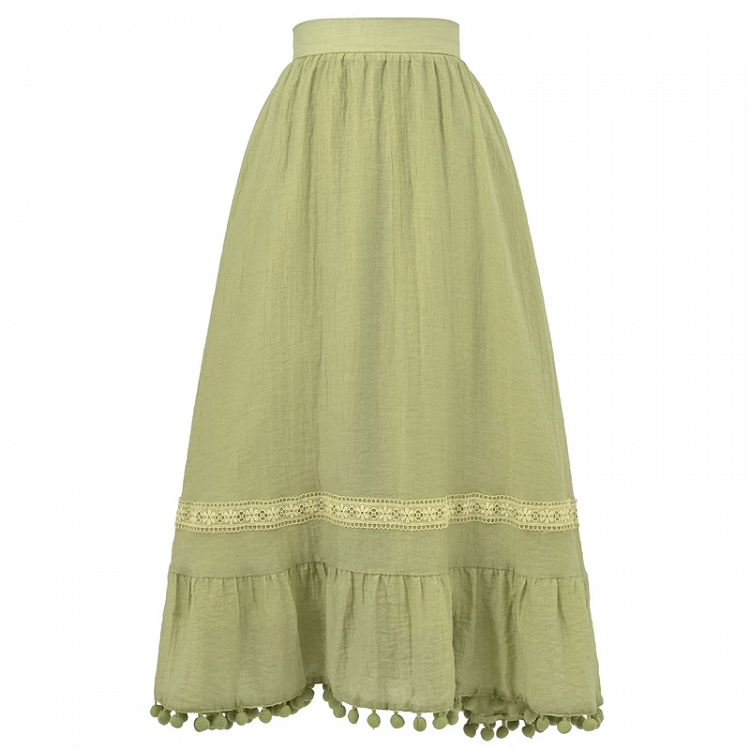 Mori Kei Green Pompon Tassel Hem Lace Trim A-line Skirt