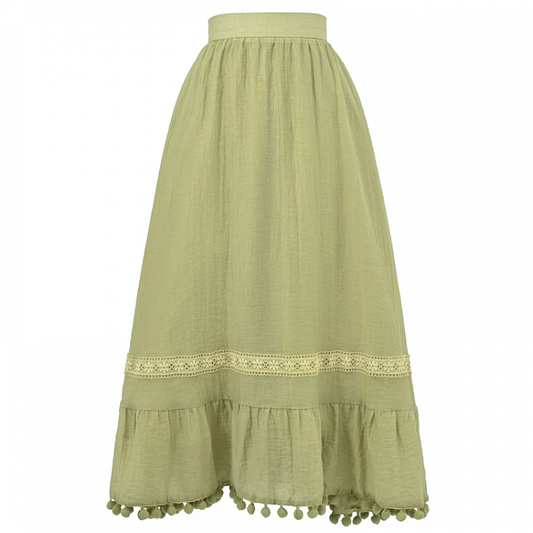 Mori Kei Green Pompon Tassel Hem Lace Trim A-line Skirt