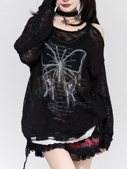 Butterfly Print Cutout Shoulder White/Black/Apricot Semi-sheer Coverup