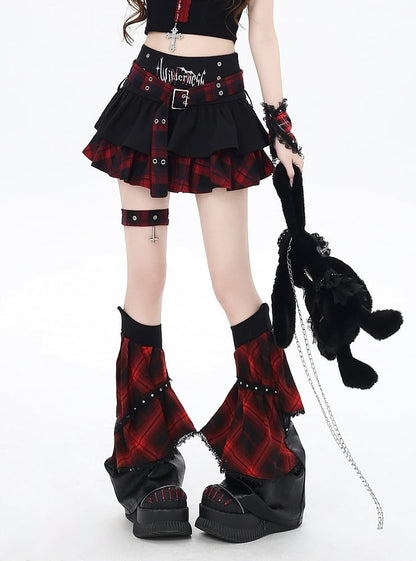 Y2K Black and Red Plaid Buckle Belt Design Lined Tiered Skirt with Cross Garter