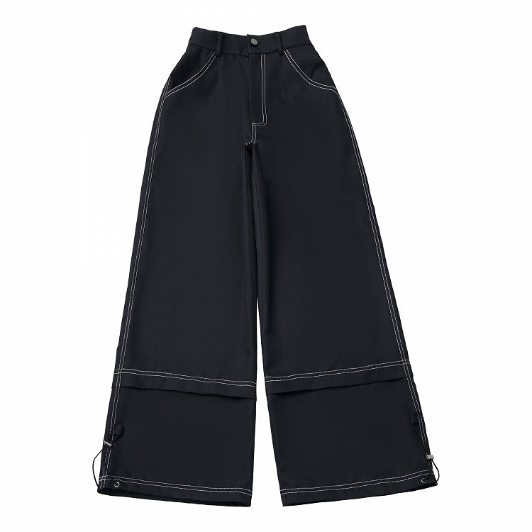 Black Straight-Leg Pants with Cuff Drawstring and Intricate Stitch Detailing