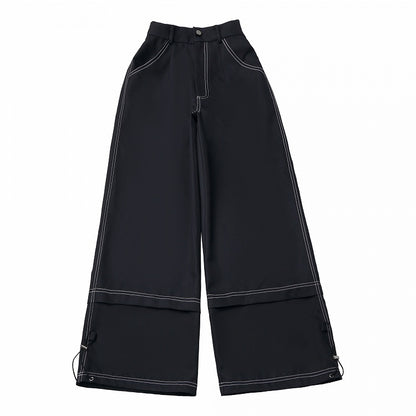 Black Straight-Leg Pants with Cuff Drawstring and Intricate Stitch Detailing