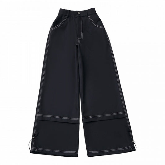 Black Straight-Leg Pants with Cuff Drawstring and Intricate Stitch Detailing