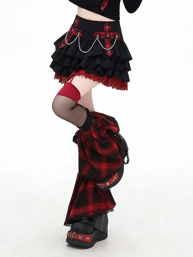 Chains Decorated Pink/Red Plaid Cross Appliques Lace Trim Tiered Skirt