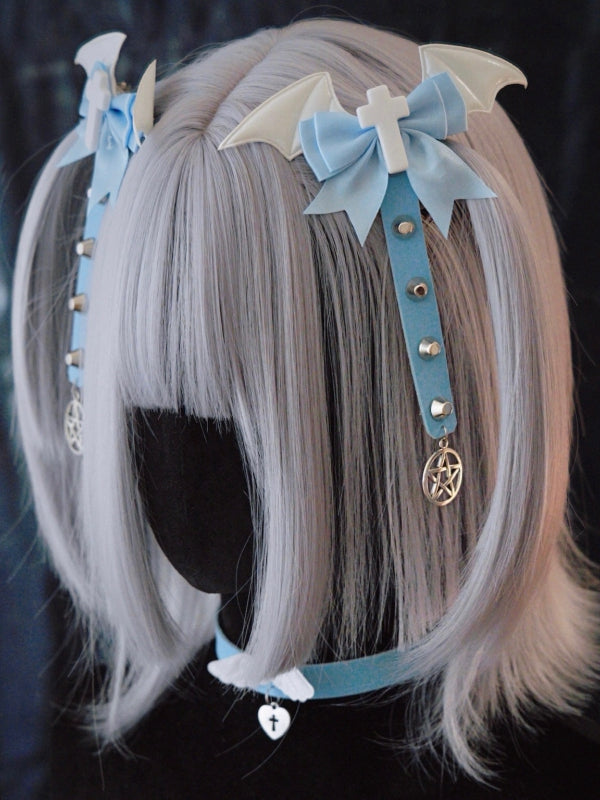 Studs Decorated Blue and White Cross Bowknot Hairclips