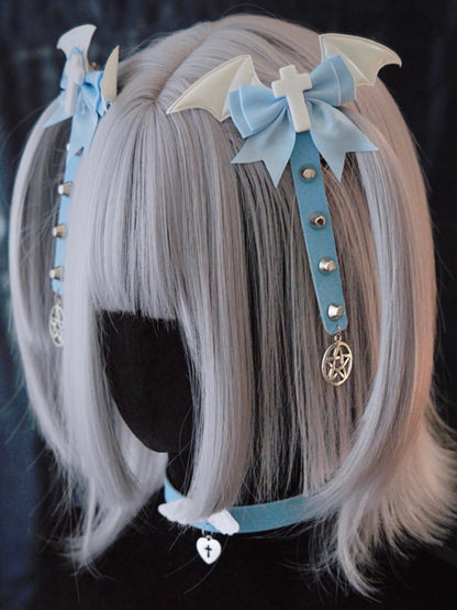 Studs Decorated Blue and White Cross Bowknot Hairclips