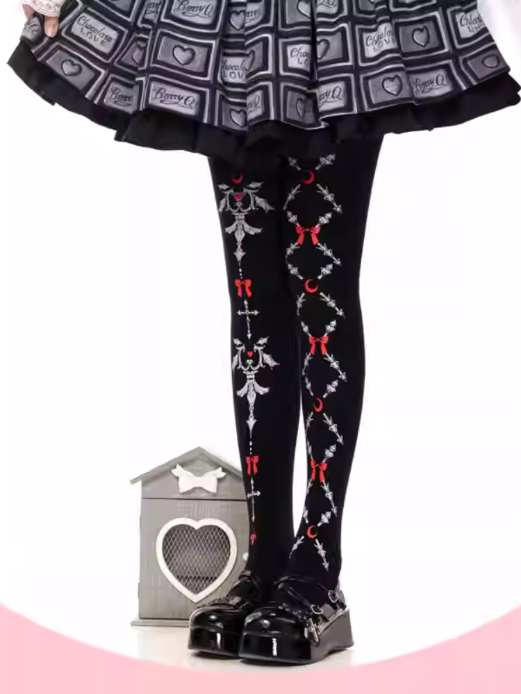 Black Gothic Lolita Red Bows Print Tights