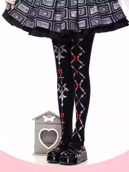 Black Gothic Lolita Red Bows Print Tights