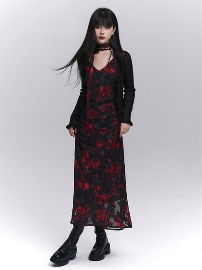 Red and Black V-Neck Ankle Length Floral Slip Dress