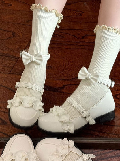 White Ruffles Trim Bowknot Decorated Heart Buckles Lolita Shoes