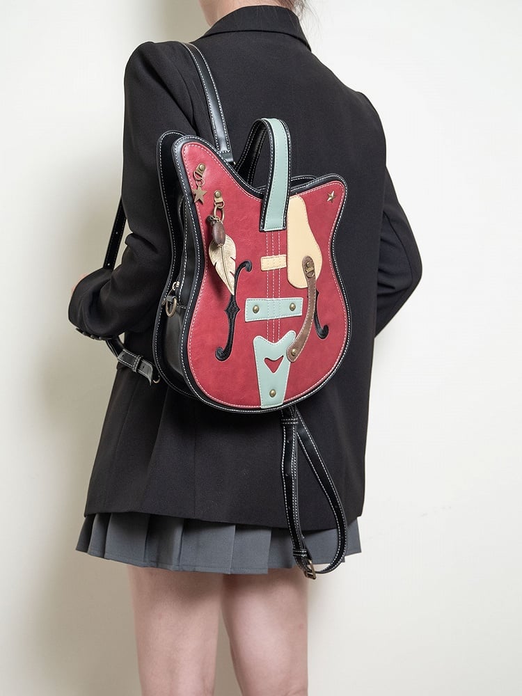 Vintage 2-Way Red Guitar-Shaped Tote Bag With Metal Feather Chain Accents