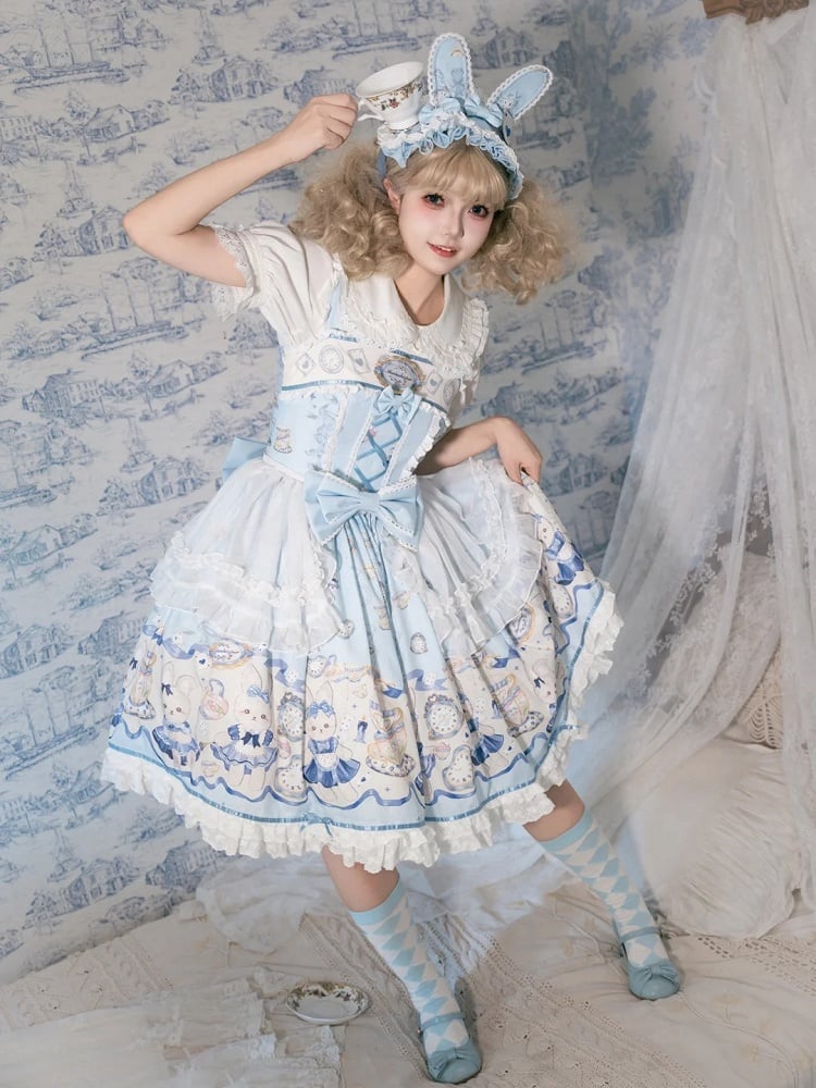 Bunny and Clock Print Alice Blue Sweet Lolita Dress