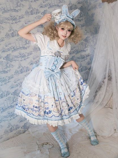 Bunny and Clock Print Alice Blue Sweet Lolita Dress