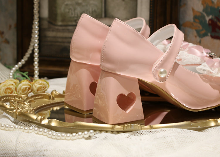 Heart-shaped Hollowed Heel Pink Elegant Mary Janes with Lace Bowknot Clips