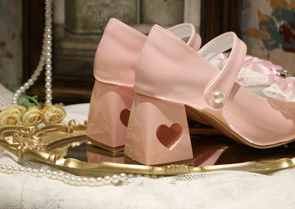 Heart-shaped Hollowed Heel Pink Elegant Mary Janes with Lace Bowknot Clips