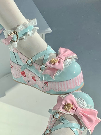 Sweet Green Lolita Platforms - PU Leather with Strawberry Elements, Striped Scalloped Trim & Pink Bow Accents