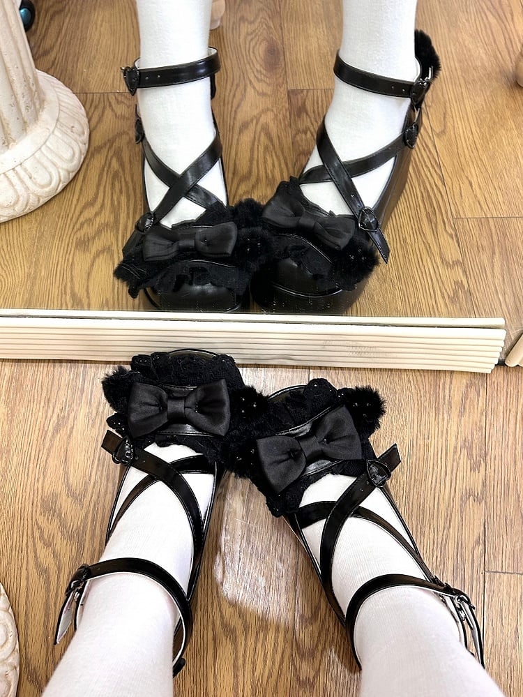 Black Crisscross Design Plush Bunny Ear Decorated Bow at Top Platforms With Pompon