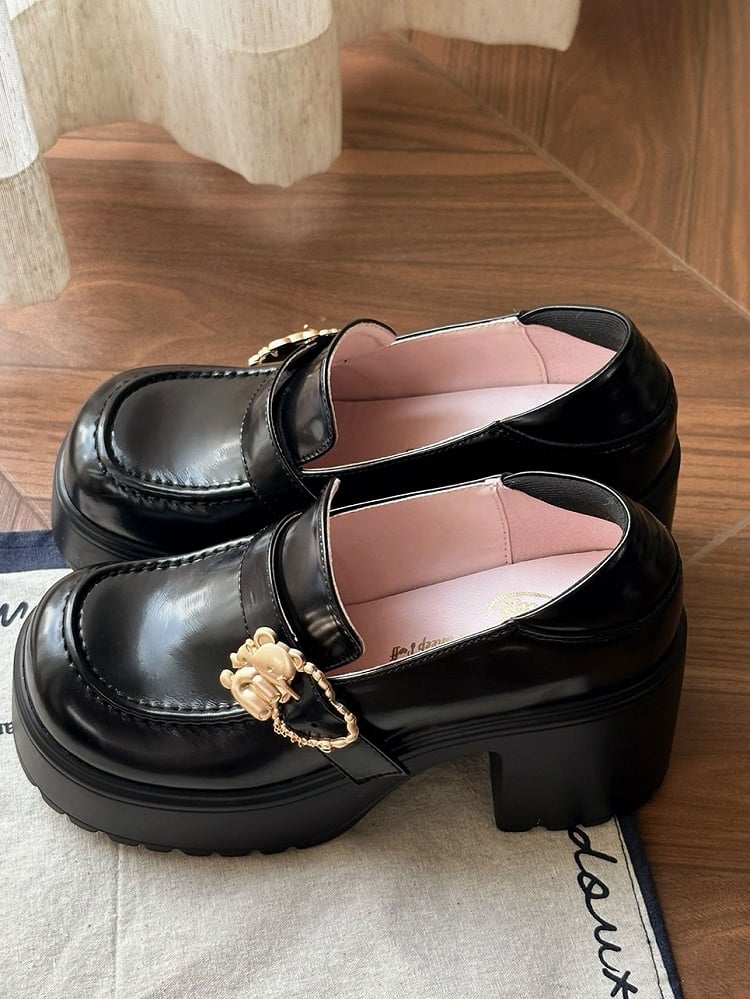 Matte Black Hugging Bear Heart Buckles Platform High Block Heels Slipons