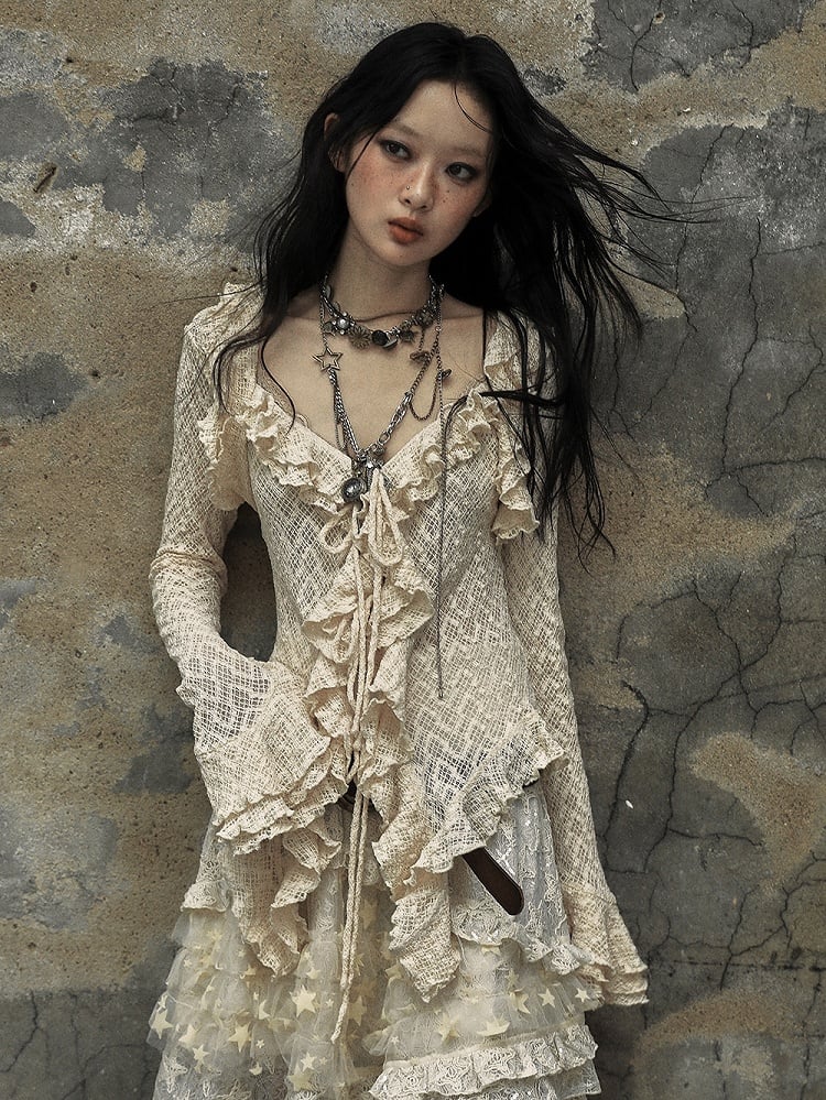 Apricot Vintage Ruffles Bell Sleeves Slim Fit Top