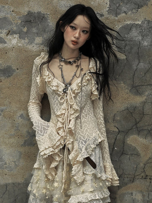 Apricot Vintage Ruffles Bell Sleeves Slim Fit Top