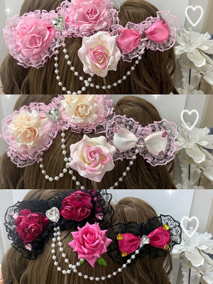 Three Pink/Black&Pink/Pink&Bege Rhinestone Heart Decorated Floral Design Bead Chain Bowknot Hairclips