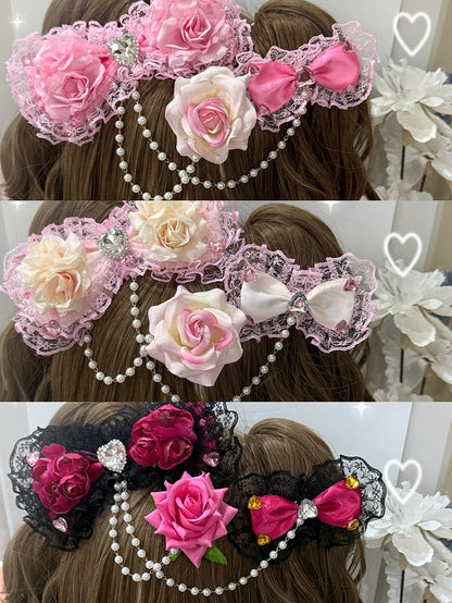 Three Pink/Black&Pink/Pink&Bege Rhinestone Heart Decorated Floral Design Bead Chain Bowknot Hairclips