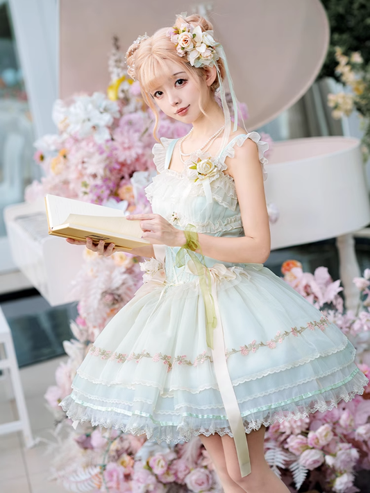 Green Ribbon Bowknots Decoration Boned Waist Balletcore Sweet Lolita Dress Flutter Sleeves JSK
