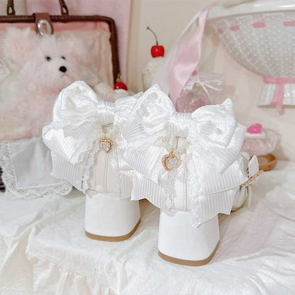 White Sweet Lolita Bowknot Details Crisscross Design Heart Buckle Straps 5CM Block Heels Shoes