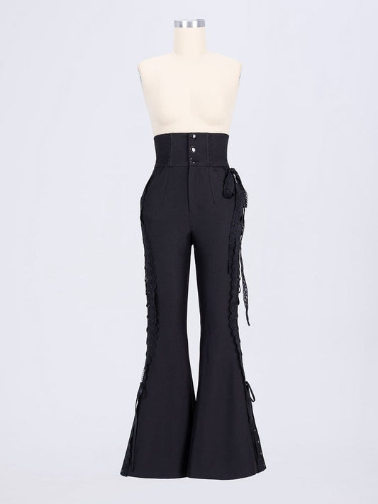 Boned High-Waisted Side-Tie Lace Flared Pants – Black Elegance