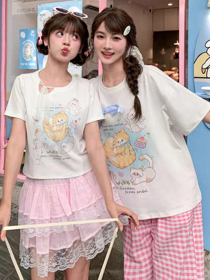 Adorable Cat Print White Round Neck T-shirt Long/Short Version