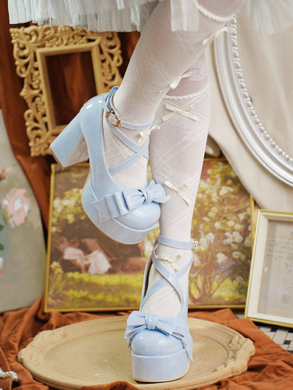 Crisscross Ankle Strap Blue Bow at Top 11cm High Heels