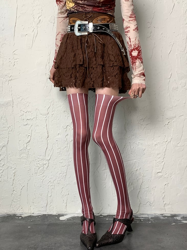Brown Wasteland Punk Striped Pattern Overknee Stockings