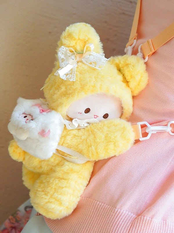 Yellow Rabbit-shaped Bowknot Plush Backpack + 3 Options Keychain Middle/Large Size