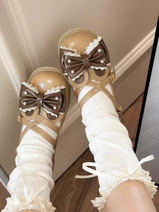 Brown Beaded Decorated Bow at Top Crisscross Design Bunny Ear Lolita Shoes