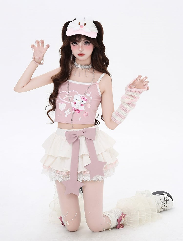 Pink Big Bow Apricot Allover Bowknot Print Lace Trim Lined Tiered Skirt