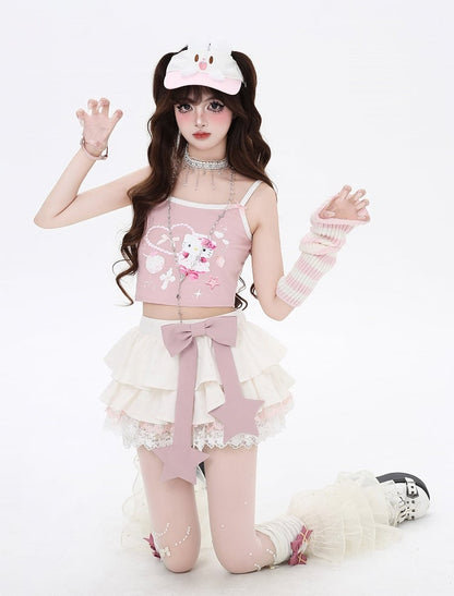 Pink Big Bow Apricot Allover Bowknot Print Lace Trim Lined Tiered Skirt