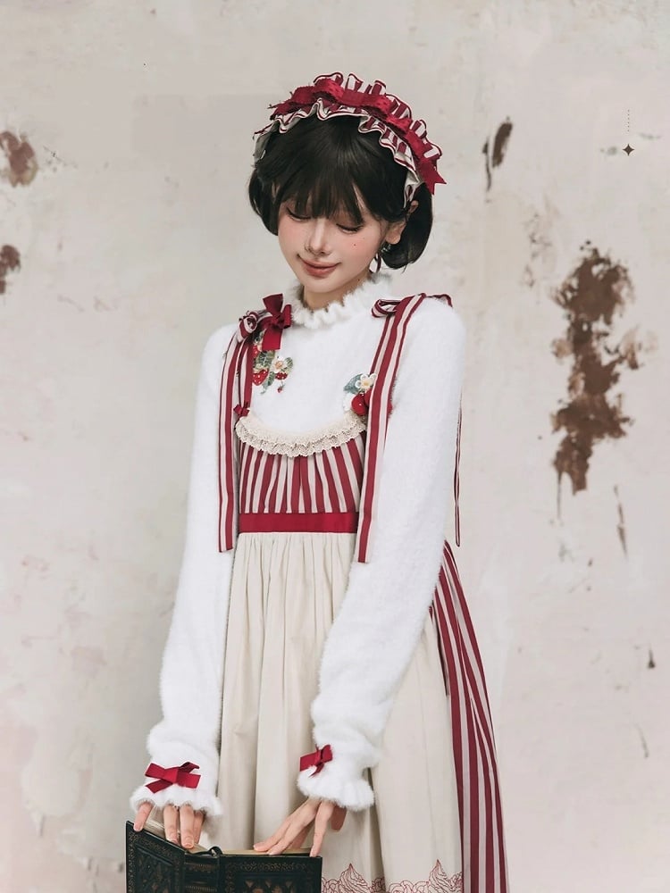 Strawberry Embroidery Neckline Bowknot on Cuffs White Autumn Knit Top