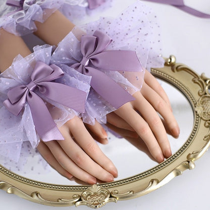 Purple Bowknot Decorated Polka-dot Pattern Lace Wrist Cuffs
