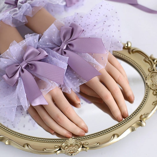 Purple Bowknot Decorated Polka-dot Pattern Lace Wrist Cuffs