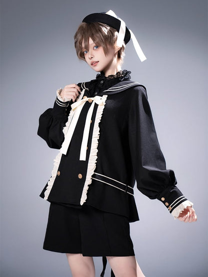 Ouji Lolita Black Preppy Ensemble: Sailor Collar Top and Shorts Set with Beige Lace Detail