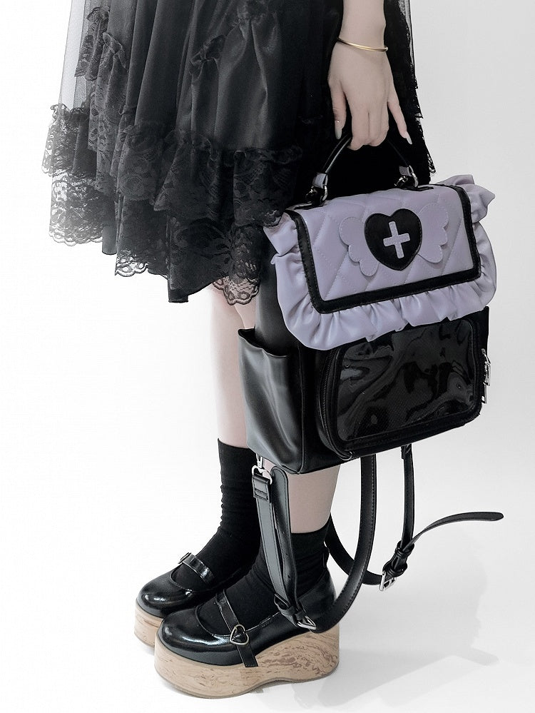 Black & Purple Jirai Kei Ita Bag with Heart and Angel Wing Accents