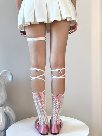 Black/White Bittersweet Cut-out Design Self-tie Strap Under-knee Stockings